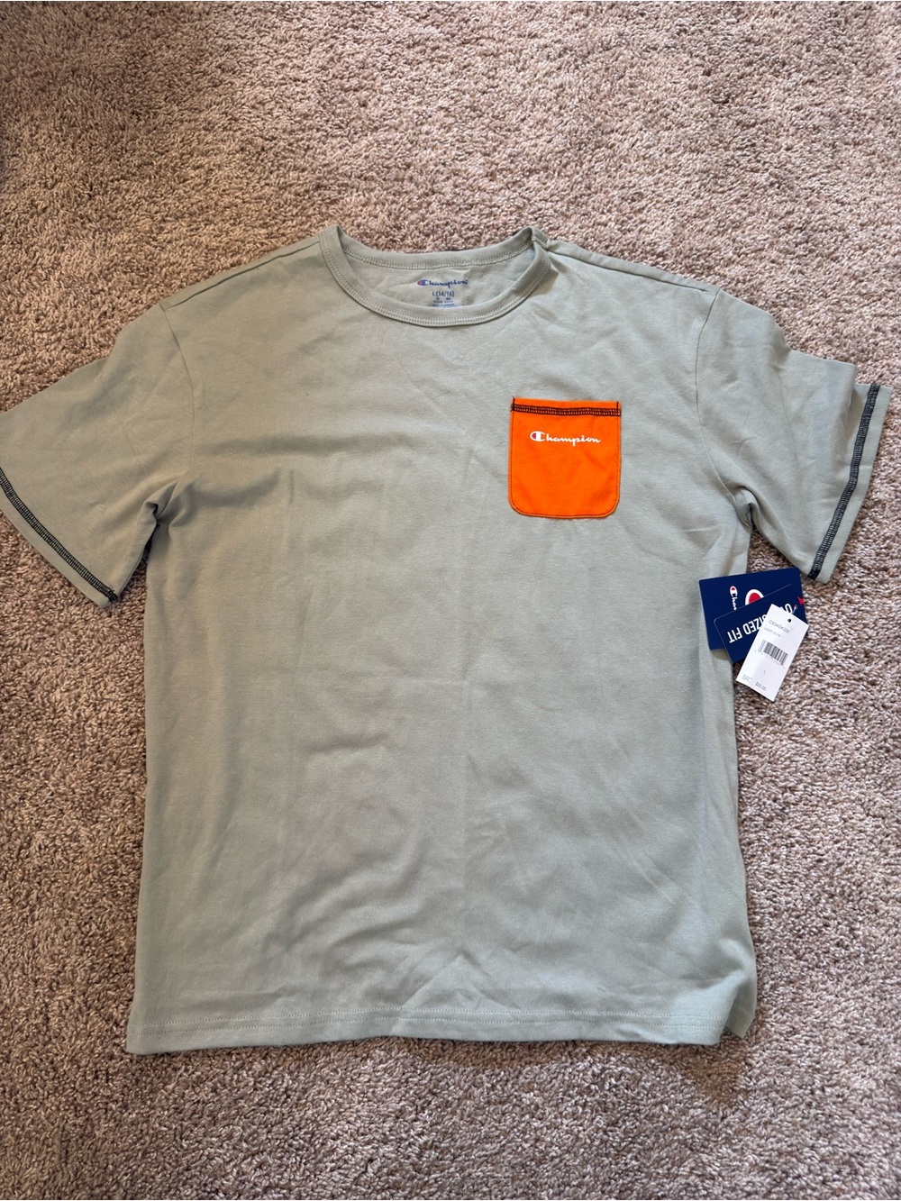 Champion Boys Light Olive Pocket T‑Shirt with Orange Pocket